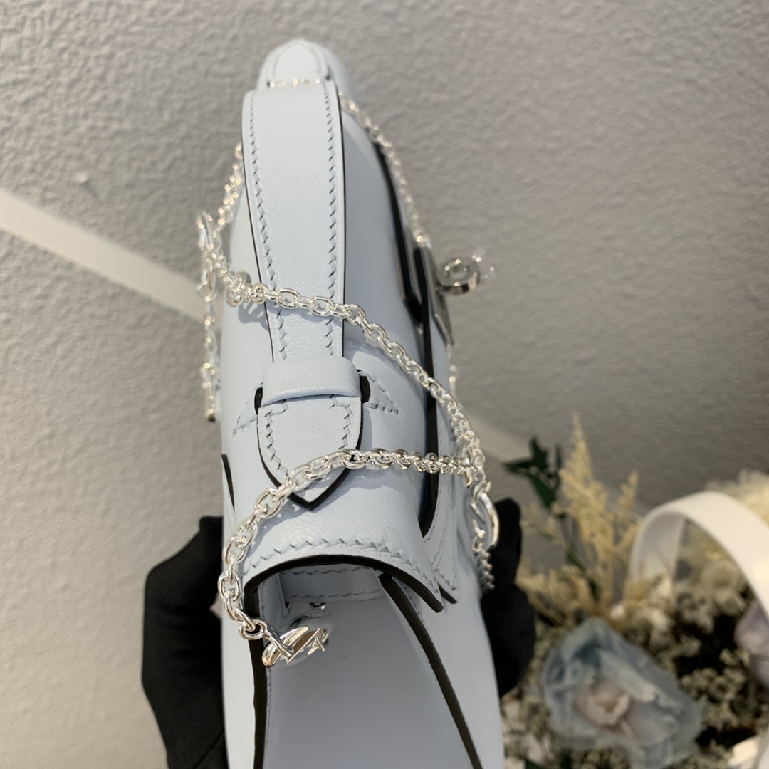 에르메스 미니 켈리백22 린넨블루 은장 스위프트